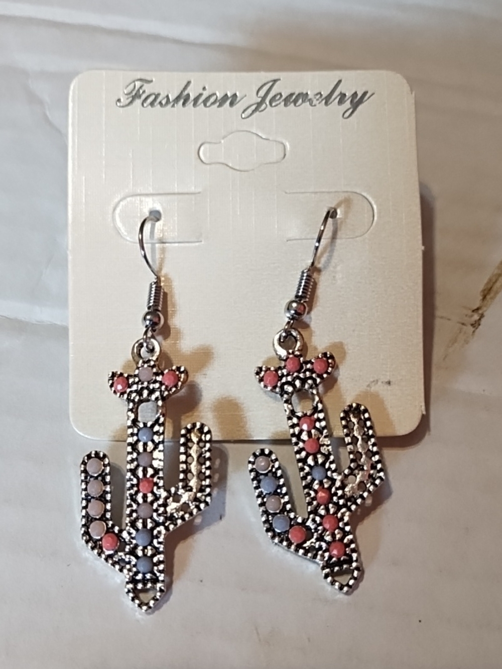 NWT Fashion Jewelry Silver Cactus Earrings with Pink and Light Gray Accents
